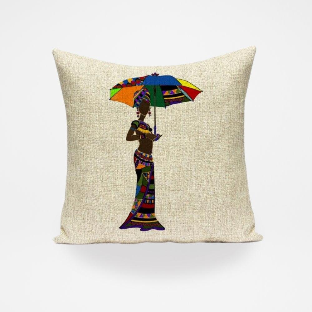 Housse de coussin ethnique femme parapluie (carré)