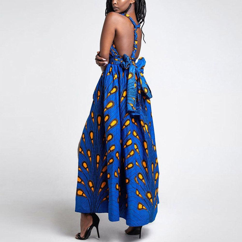 Robe africaine longue Wax Kanga bleu